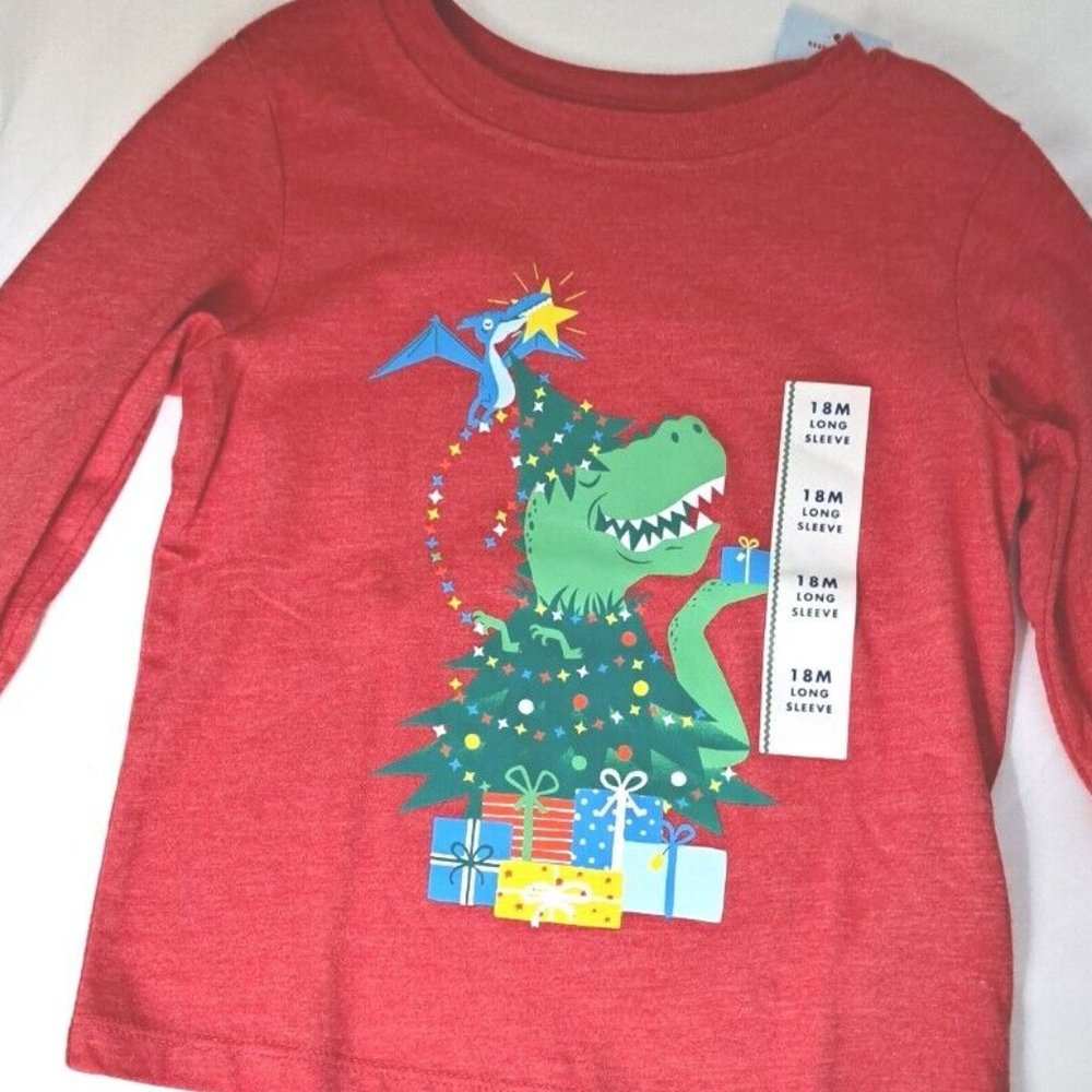 Cat & Jack Red Christmas Dinosaur Long Sleeved Tshirt Toddler Size 18 Months NEW